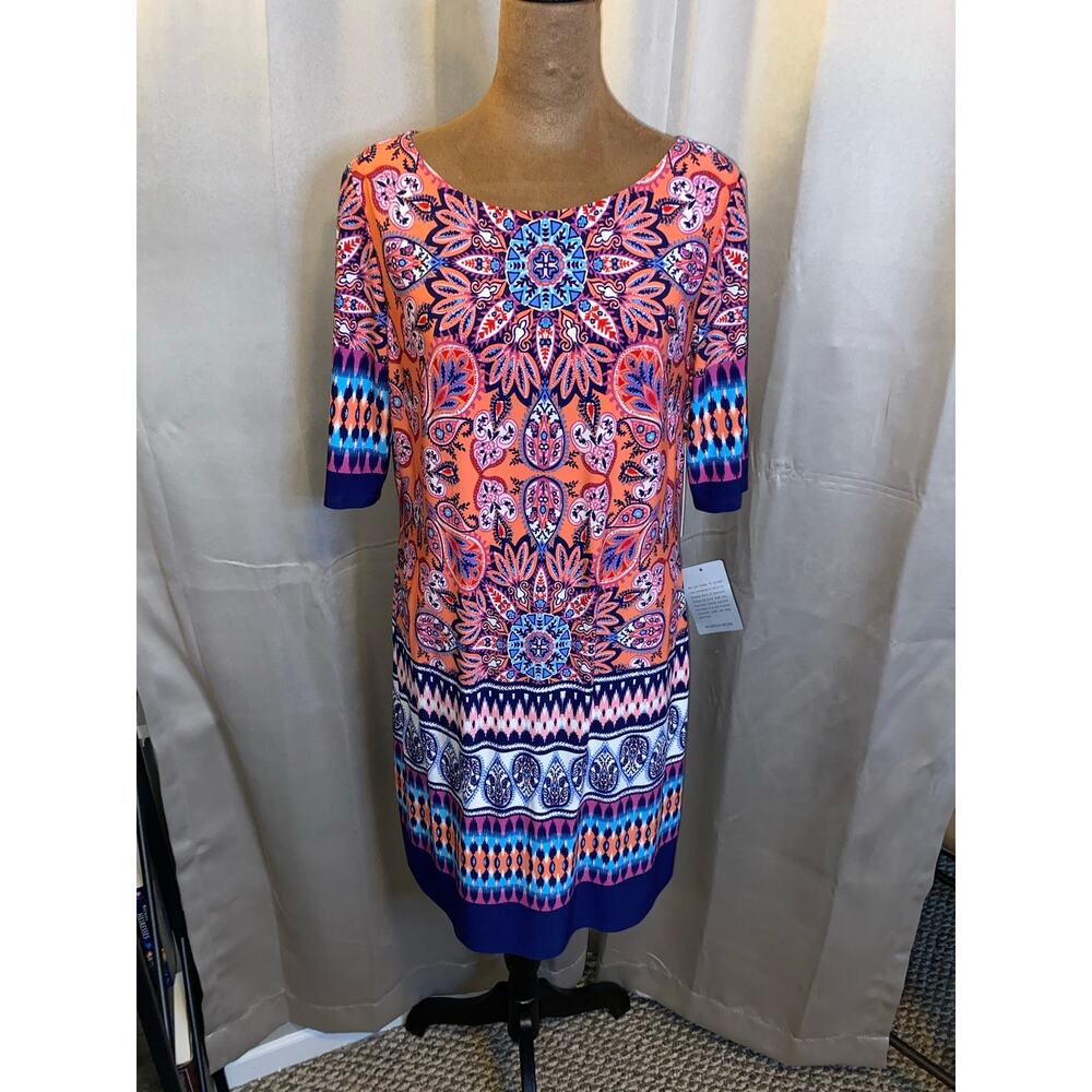 NWT Eliza J Paisley Print Shift Dress Size 10 Coral Blue Lined Back Zip